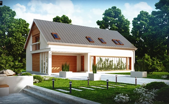 Удобный дом простой формы с двускатной кровлей, с гаражом для двух авто.