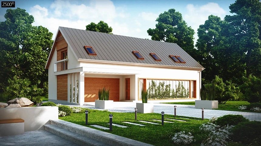 Удобный дом простой формы с двускатной кровлей, с гаражом для двух авто.