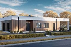 Одноэтажный современный дом с плоской кровлей и навесом под 2 авто.