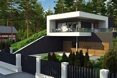 Проект современного двухэтажного дома. Проект подойдет для строительства на участке со склоном.