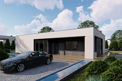 Одноэтажный современный дом с плоской крышей и белым фасадом