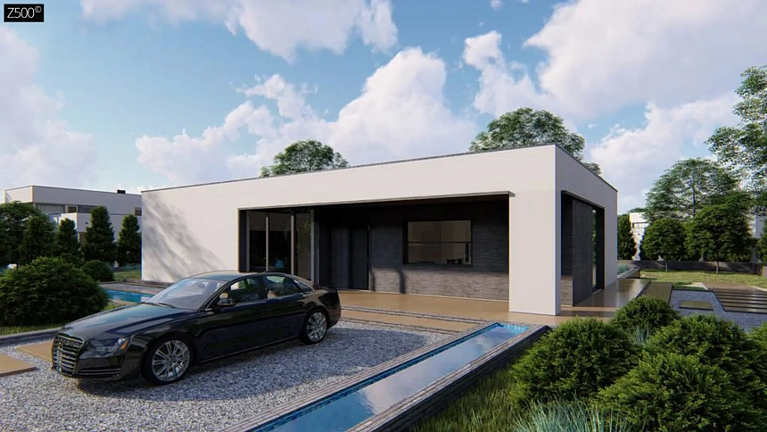 Одноэтажный современный дом с плоской крышей и белым фасадом