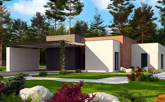 Одноэтажный дом с плоской кровлей в современном стиле и навесом для двух машин