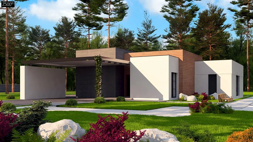 Одноэтажный дом с плоской кровлей в современном стиле и навесом для двух машин