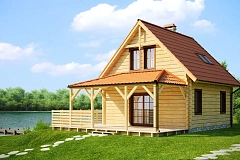 Проект небольшого дома с мансардой, с крытой боковой террасой.