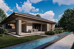 Современный одноэтажный проект дома с многоскатной крышей и гаражом на две машины