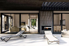 Современный одноэтажный дом с внешним камином