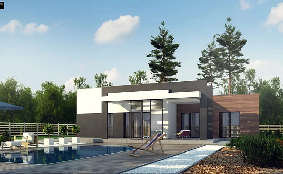 Одноэтажный дом с плоской кровлей, тремя спальнями и гаражом на две машины