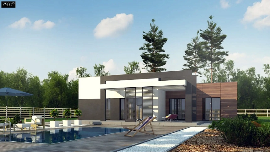 Одноэтажный дом с плоской кровлей, тремя спальнями и гаражом на две машины