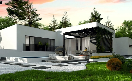 Вариант одноэтажного дома Zx141 с плоской кровлей и измененной планировкой