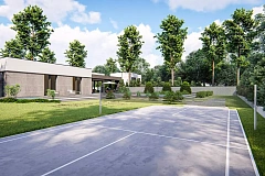 Современный одноэтажный дом с внешним камином