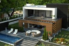 Двухэтажный коттедж с плоской крышей и большой террасой