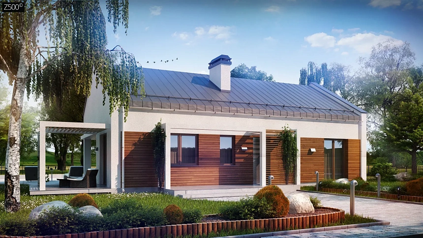 Проект небольшого одноэтажного дома простого современного дизайна.