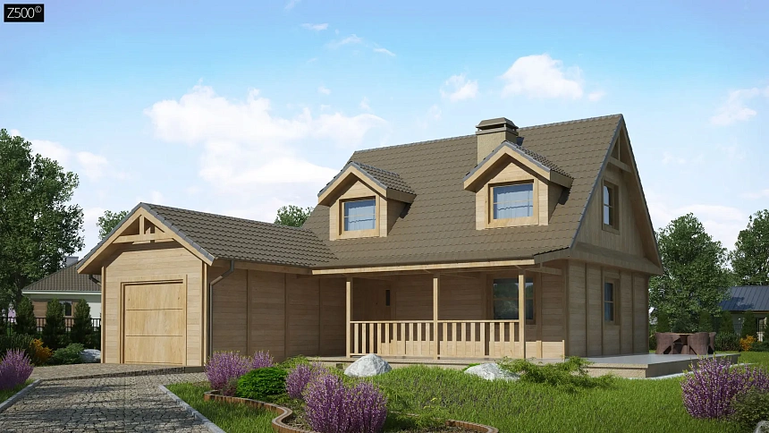 Вариант проекта Z39 c деревянными фасадами и гаражом расположенным слева.