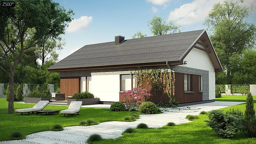Проект уютного одноэтажного дома с двускатной кровлей