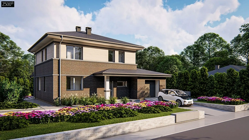 Проект двухэтажного дома на фасаде с клинкерным кирпичом