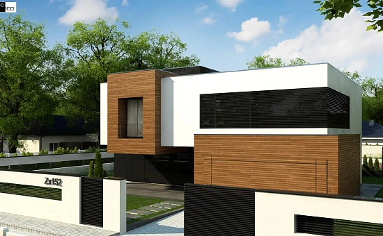 Двухэтажный коттедж с плоской крышей и большой террасой