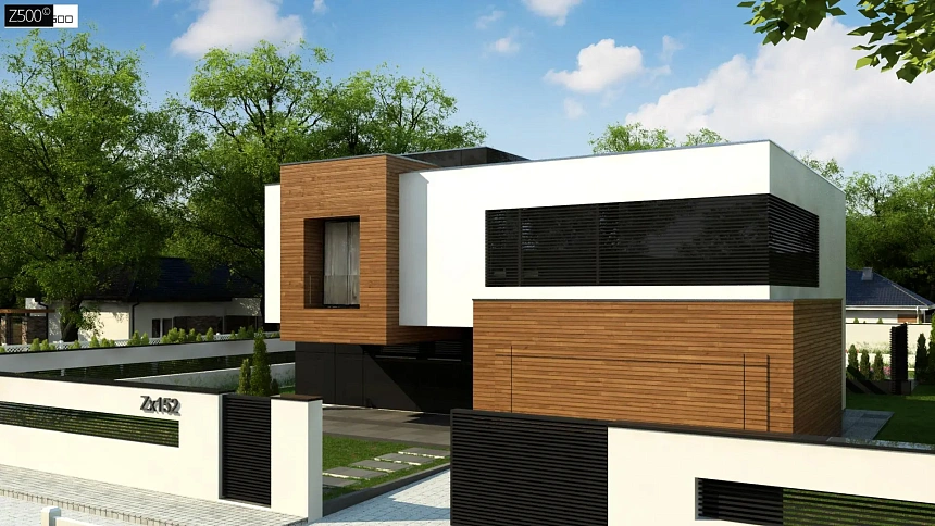 Двухэтажный коттедж с плоской крышей и большой террасой