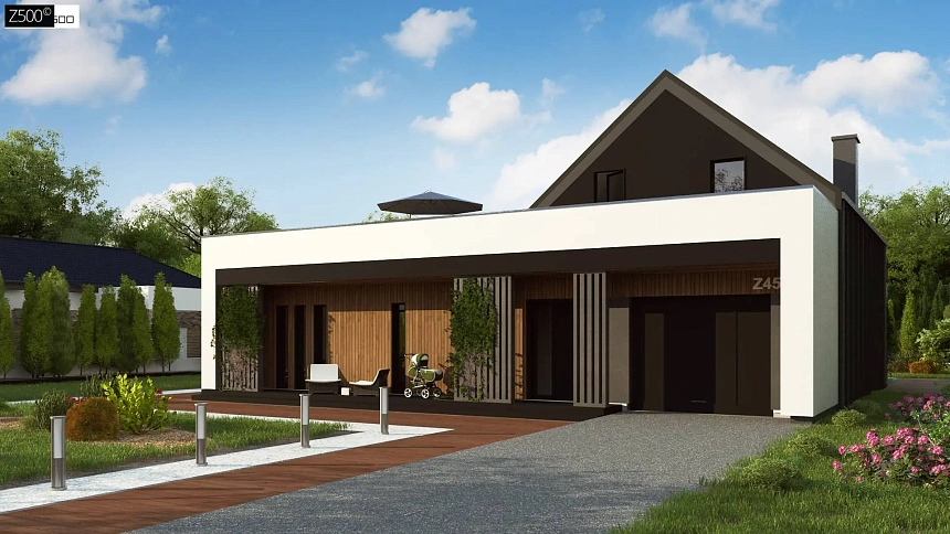 Современный дом с просторной гостиной и большой террасой на мансардном этаже