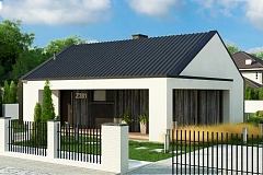 Компактный одноэтажный дом с двускатной крышей и 3 спальнями