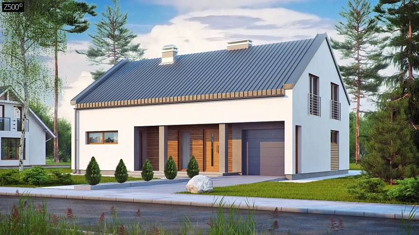 Аккуратный современный дом простой формы с оригинальной двускатной крышей.