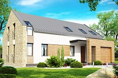 Дом с мансардой современного характера с частично встроенным гаражом.