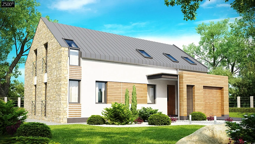 Дом с мансардой современного характера с частично встроенным гаражом.