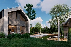 Проект дома для узкого участка с мансардой, большой гостиной и боковой террасой.