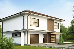 Двухэтажный дом простой формы со вторым светом над гостиной и встроенным гаражом.