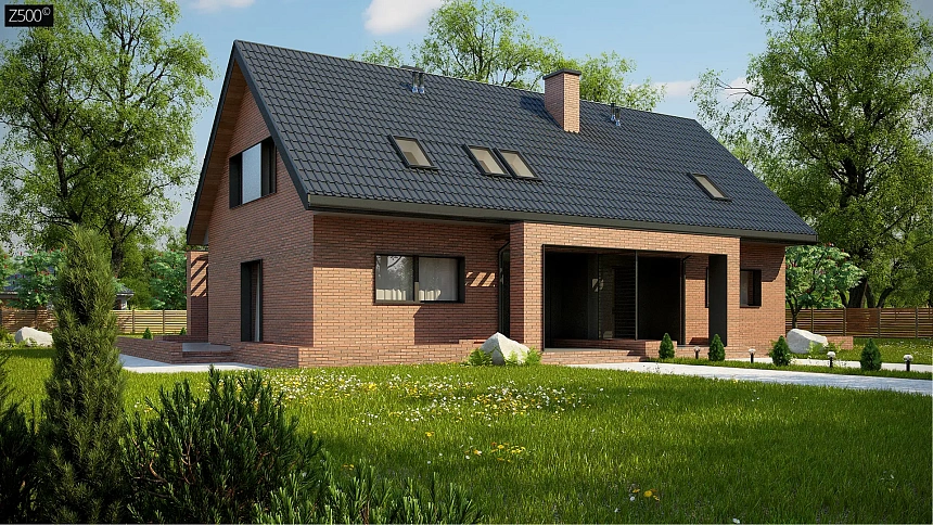 Стильный мансардный дом с двускатной кровлей