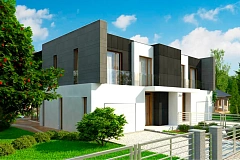 Современный двухсемейный дом с плоской кровлей и гаражом справа