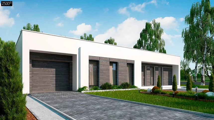 Современный одноэтажный дом с большой светлой гостиной и гаражом