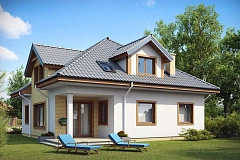 Проект дома с мансардой, с большим техническим помещением и дополнительной спальней на первом этаже.