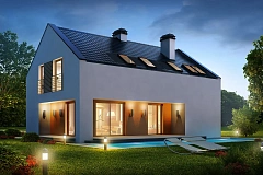 Современный функциональный дом с гаражом, с оригинальным выступом над входом.