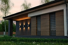 Одноэтажный дом с четырехскатной кровлей и оригинальным экстерьером.