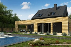 Современный дом с 2-х скатной кровлей, окруженный террасой с плоской крышей.