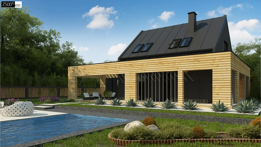 Современный дом с 2-х скатной кровлей, окруженный террасой с плоской крышей.