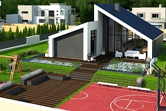 Современный дом с просторной гостиной и большим остеклением