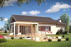 Небольшой одноэтажный дом с большой площадью остекления в гостиной.