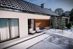 Cовременный одноэтажный дом с 2-х скатной крышей и гаражом