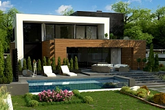 Двухэтажный коттедж с плоской крышей и большой террасой