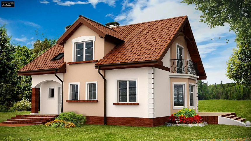 Элегантный дом с мансардой, эркером и балконом над ним, в проекте электрический котел