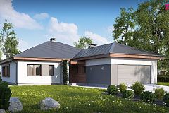 Проект одноэтажного дома с многоскатной кровлей, с фронтальным гаражом.