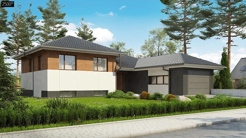 Стильный дом с мезонином и гаражом для одной машины