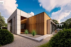 Современный одноэтажный дом c плоской кровлей и просторным гаражом для двух автомобилей.