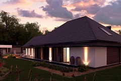 Одноэтажный дом в современном стиле, с многоскатной крышей и гаражом на два автомобиля. Увеличенная версия проекта Z402