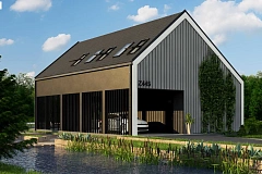 Мансардный дом простой формы с современным оригинальным экстерьером.