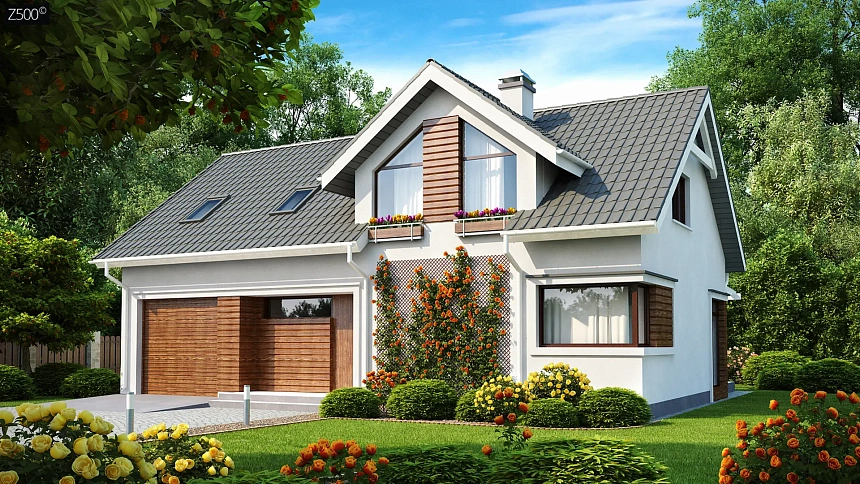 Дом со встроенным гаражом, красивым мансардным окном и вторым светом над гостиной.