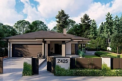 Cовременный одноэтажный дом с многоскатной крышей и гаражом на две машины.