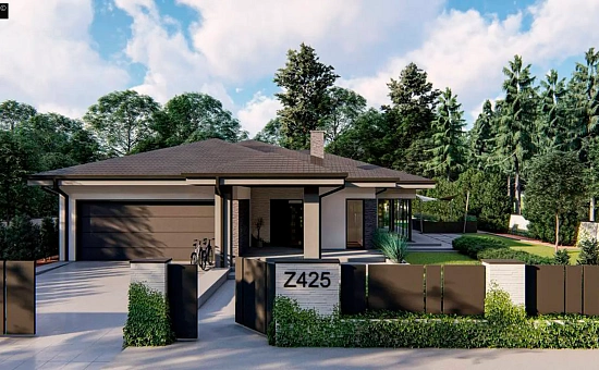 Cовременный одноэтажный дом с многоскатной крышей и гаражом на две машины.